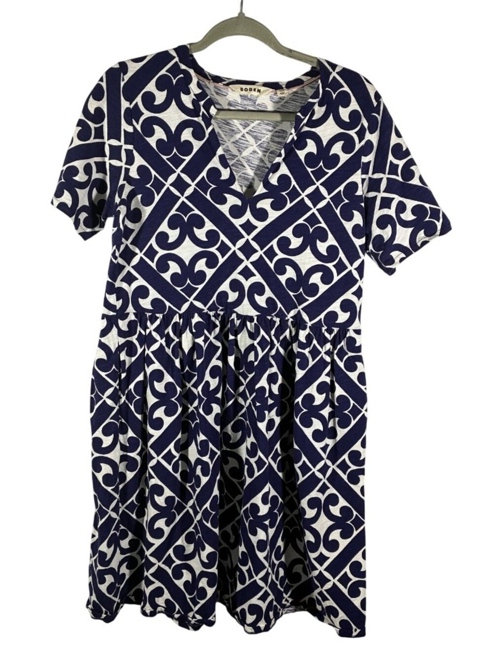Boden Navy & White Short Sleeve Geometric Print Cotton Dress Womens Size 8R